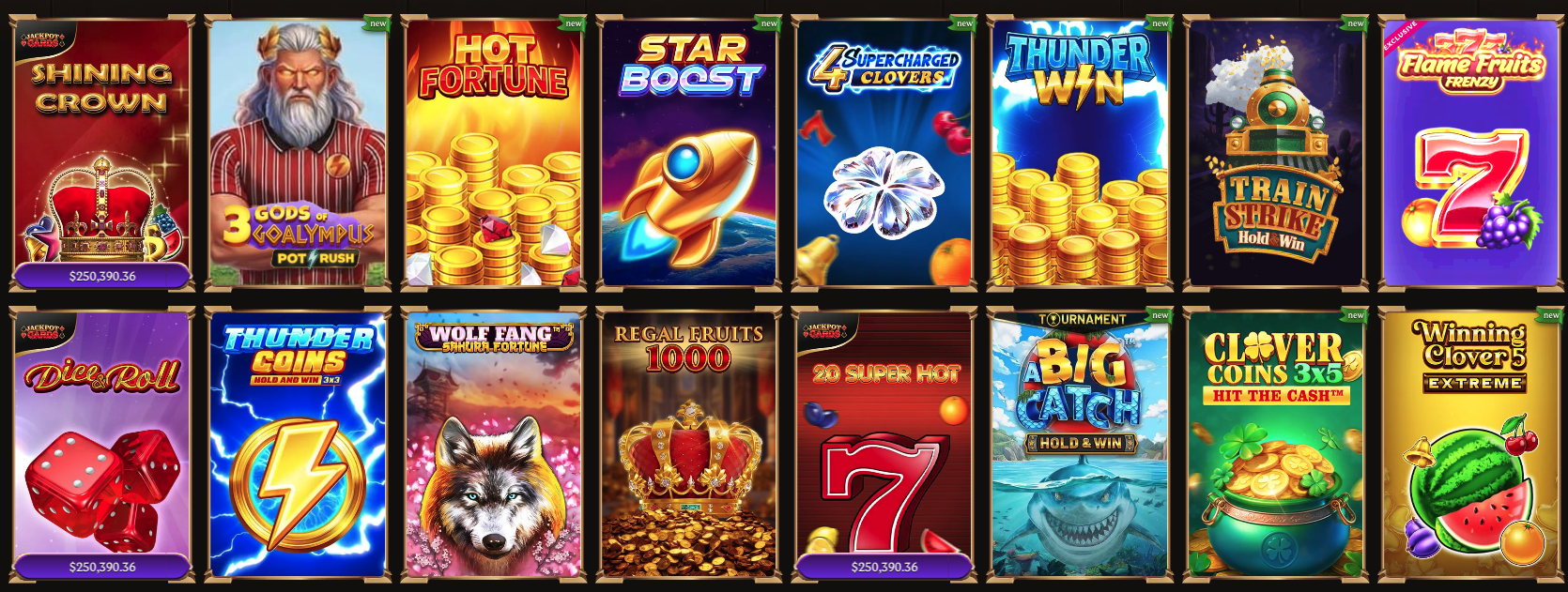 Grid of Lanista Casino slot games including jackpot titles